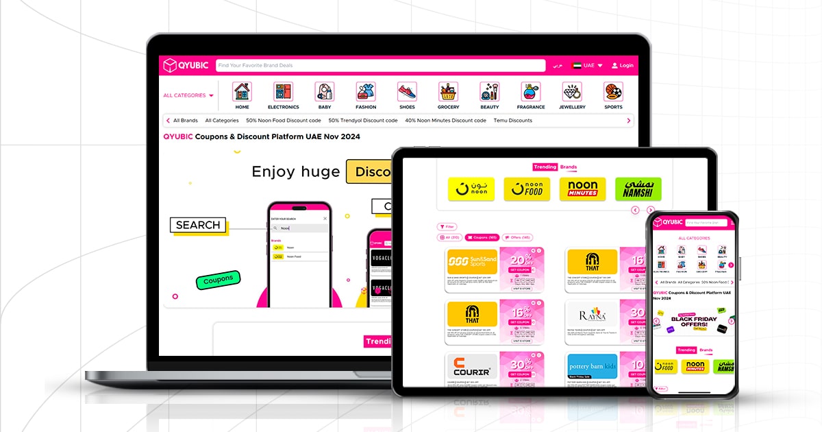 QYUBIC platform on multiple devices showing discount coupons and top brands.