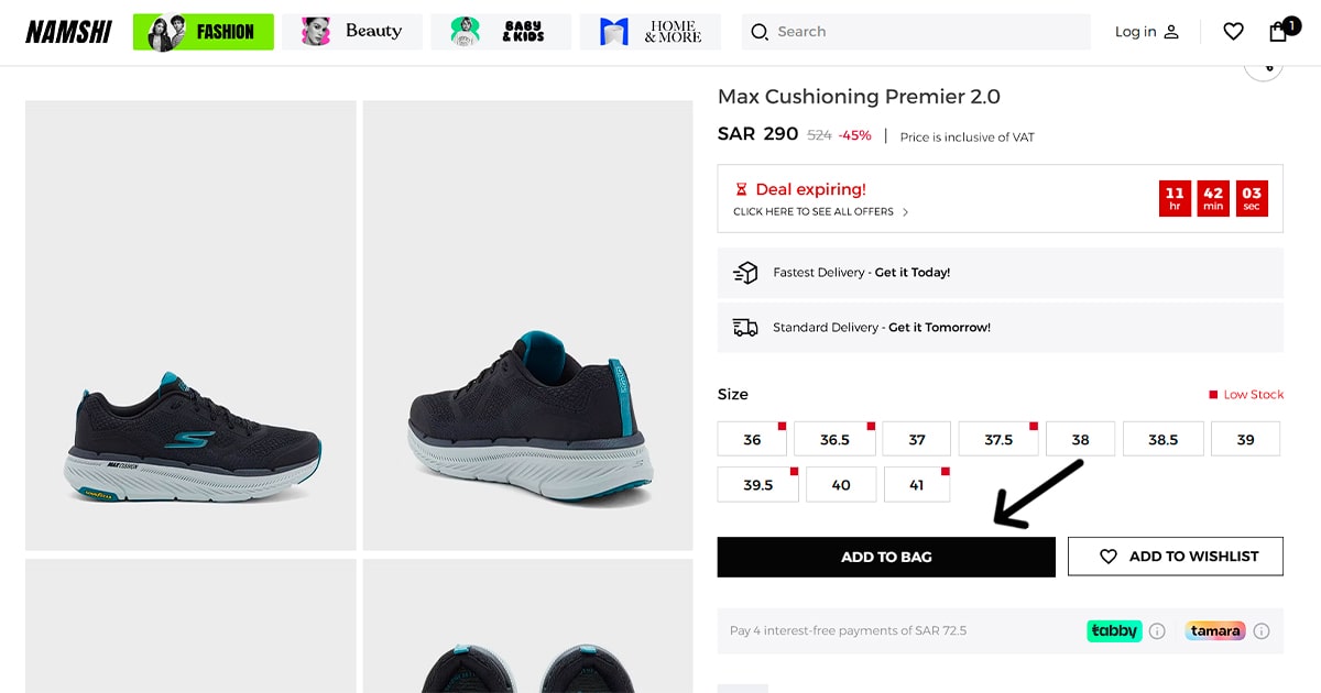 The image shows a product page on the Namshi website for the Skechers Max Cushioning Premier 2.0 shoes. The shoes are black with teal accents. The price is SAR 290, with a 45% discount. The page also shows the available sizes, delivery options, and a countdown timer for a limited-time deal. There are buttons to add the shoes to the bag or wishlist.