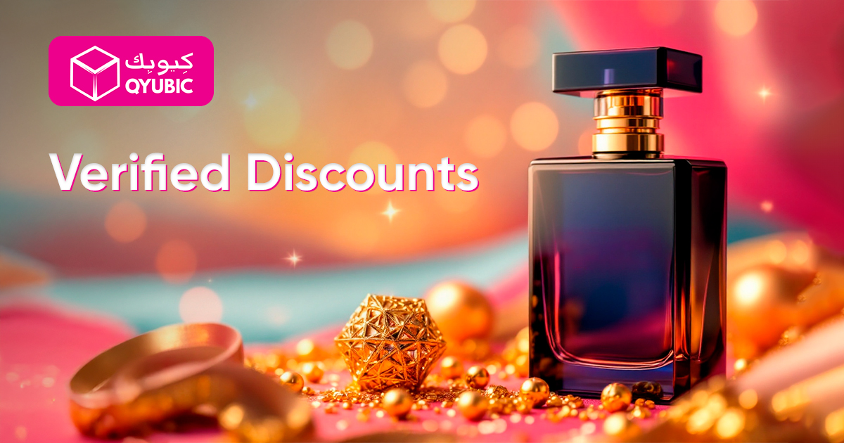 A high-end fragrance bottle with Qyubic branding, promoting verified perfume discounts in a luxurious setting.