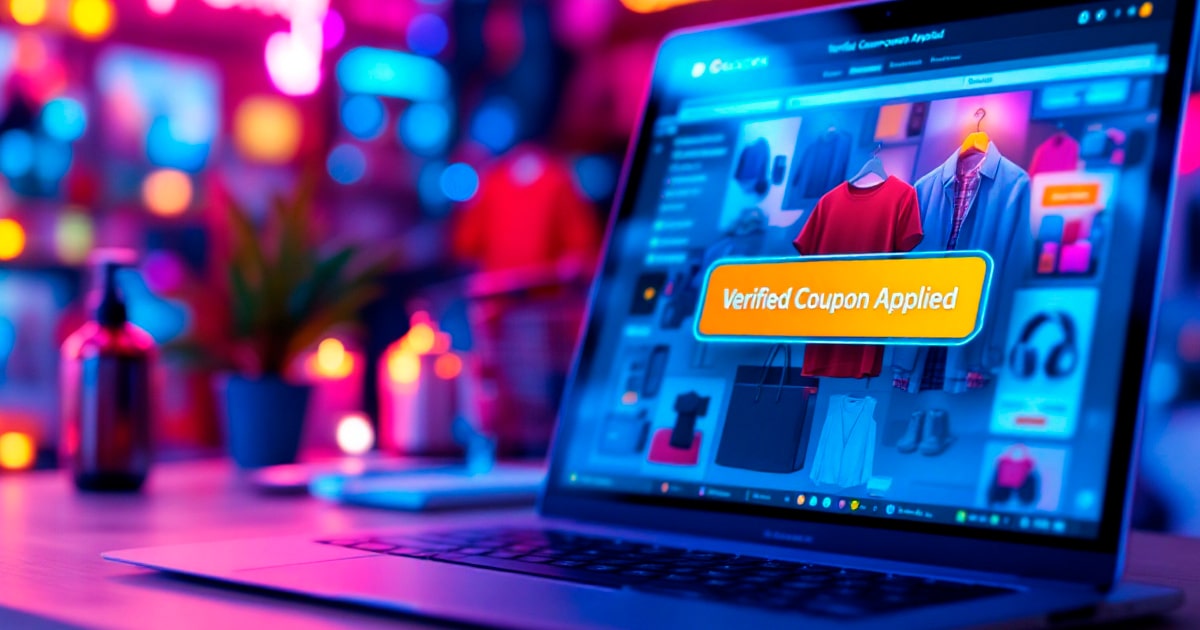 Laptop screen displaying 'Verified Coupon Applied' for an online shopping platform with colorful background lights, symbolizing authentic coupon use.