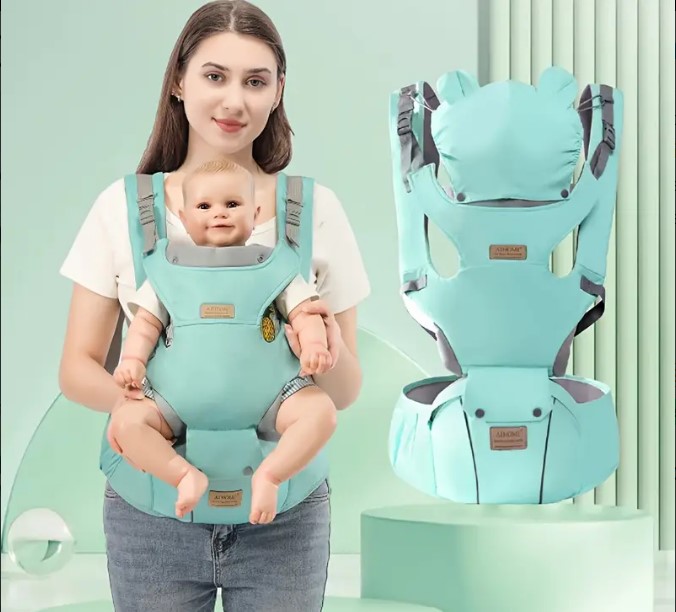 EgoBaby 6-in-1 ergonomic hip-seat baby carrier in breathable mesh with padded shoulder straps, wide lumbar belt, and detachable head support