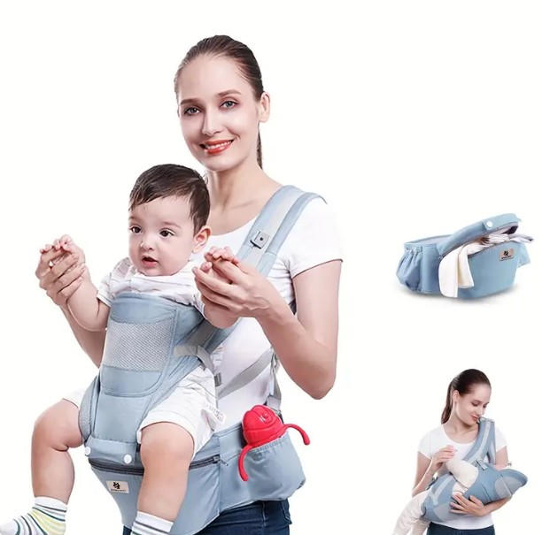 Fantus Mart 6-in-1 breathable ergonomic hip-seat carrier in soft cotton with ventilated mesh panels, removable lumbar pad, and storage pockets