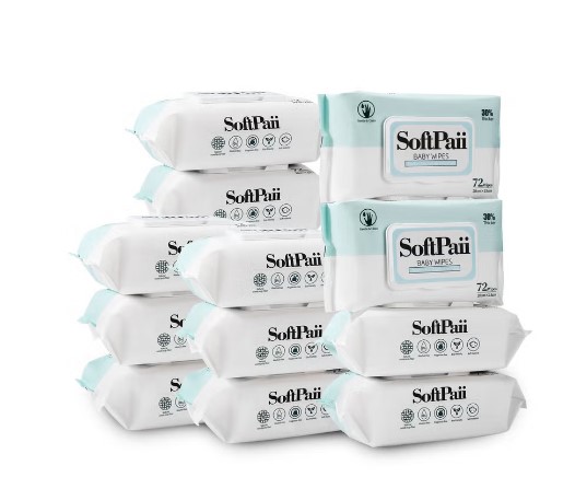 Softpaii baby wipes 12-pack, 99.9% water, 100% natural wood pulp, unscented