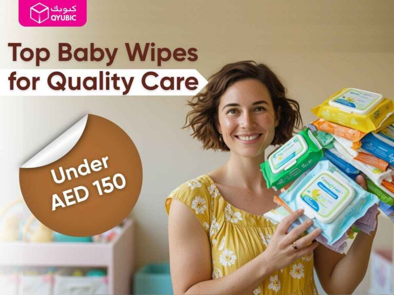 Smiling mom holding stack of baby wipes packs – under AED 150 bundle deals