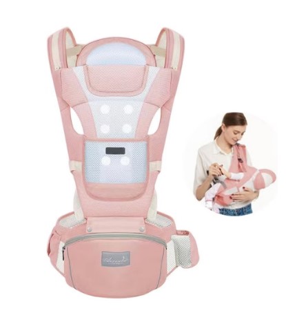 Pink General 6-in-1 ergonomic hip-seat baby carrier with airflow mesh panels, three zippered pockets, machine-washable fabric, and adjustable hood