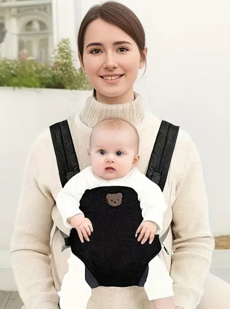 All-Season 4-in-1 ergonomic baby carrier in breathable bee mesh with anti-slip X-strap, lumbar support pack, and C-section–friendly waist belt
