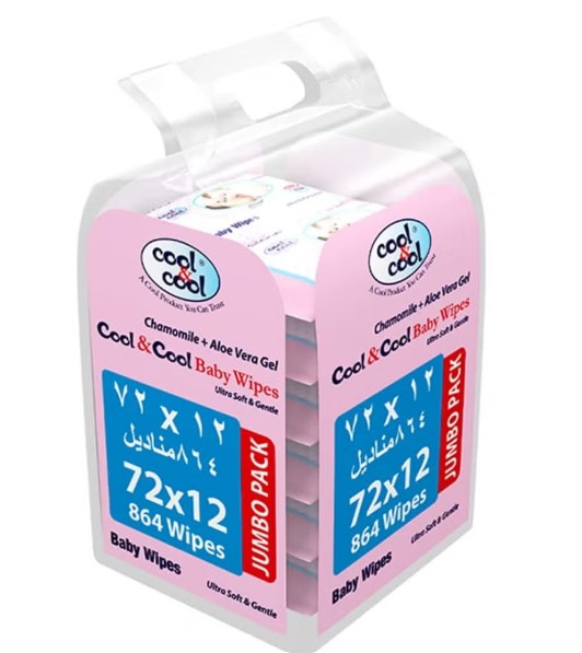 Cool & Cool baby wipes bundle 12 packs of 72 sheets (6+6 free), vitamin E & aloe