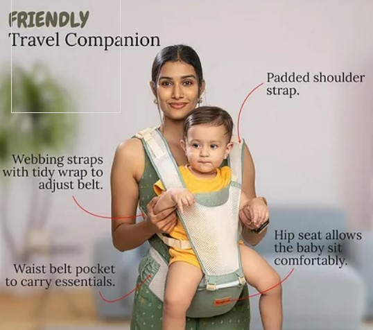 General 6-in-1 multifunctional cotton-blend hip-seat carrier with mesh ventilation, reflective strips, detachable back panel, and storage pockets