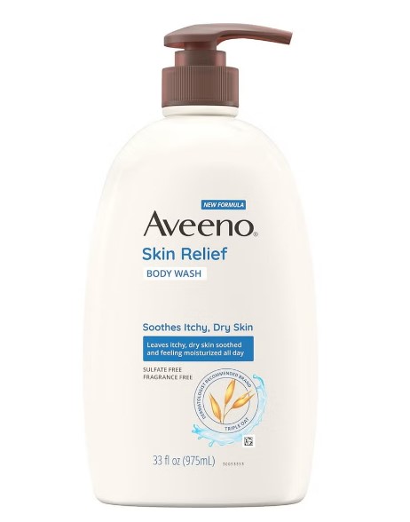 Aveeno Skin Relief Fragrance-Free Body Wash bottle, 975 mL, a top choice in the UAE for dry, itchy, and sensitive skin. Formulated with Triple Oat Complex, this sulfate and paraben free body wash soothes and hydrates, providing clinical relief for eczema-prone skin and doubling as a gentle shave gel.