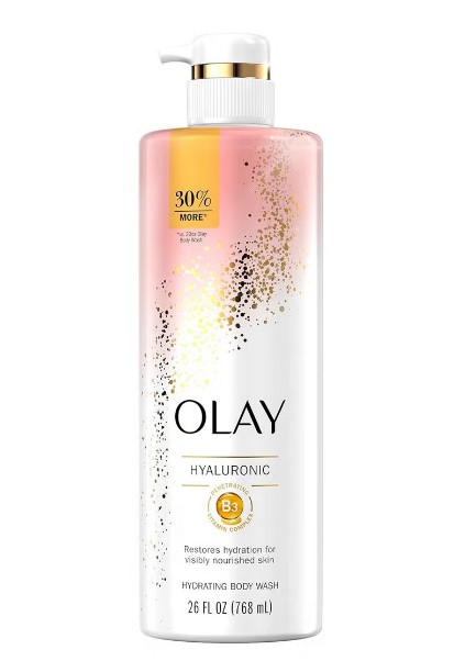 Olay Hyaluronic Hydrating Body Wash with Vitamin B3 bottle, 768 mL, a deeply hydrating body wash for dry skin in the UAE. Infused with hyaluronic acid and Vitamin B3 complex, this expert-formulated body wash replenishes hydration, repairs the moisture barrier, and promotes healthier-looking skin within 14 days.