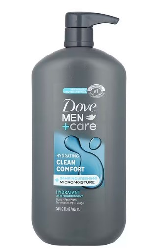 Dove Men+Care Body and Face Wash Clean Comfort bottle, 887 mL, an all-in-one hydrating body wash for men in the UAE. Features 24-Hour Micromoisture™ Technology to strengthen skin against dryness, with a subtle, fresh scent. Ideal for active men seeking a versatile and effective men's body wash.