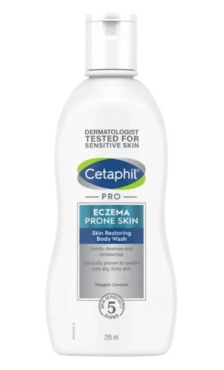 Cetaphil PRO Eczema-Prone Skin Restoring Body Wash bottle, 295 mL, a dermatologist-recommended body wash for eczema-prone skin in the UAE. This fragrance-free, non-foaming formula with Ceramides + Filaggrin Technology gently cleanses, restores skin barrier, and reduces itching and flaking for sensitive skin.