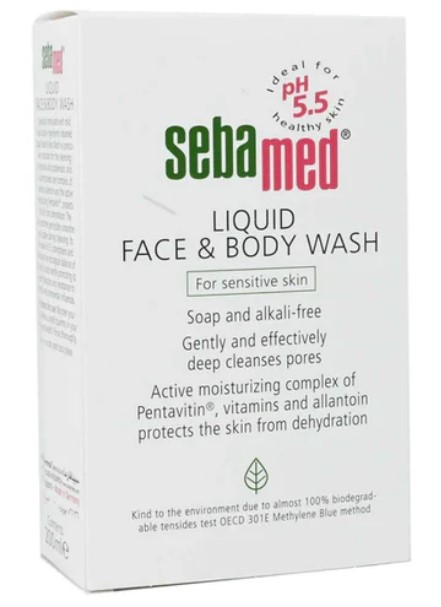 Sebamed Sensitive Skin Liquid Face & Body Wash bottle, 500 mL, a pH 5.5 balanced, 100% soap-free cleanser for sensitive skin in the UAE. Infused with Allantoin and Panthenol, this economical body wash gently cleanses face and body without drying, perfect for eczema-prone or reactive skin.