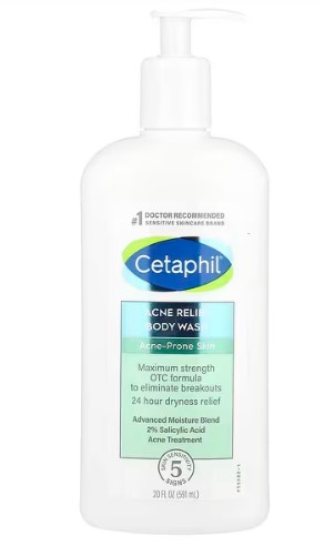 Cetaphil Acne Relief Body Wash for Acne-Prone Skin bottle, 591 mL, a dermatologist-recommended body wash for back acne and body breakouts in the UAE. Contains 2% Salicylic Acid and an advanced moisture blend to clear clogged pores, reduce inflammation, and provide 24-hour dryness relief for sensitive, acne-prone skin