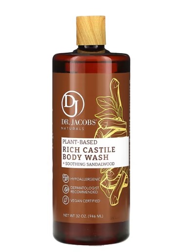 Dr. Jacobs Naturals Castile Body Wash Soothing Sandalwood bottle, 946 mL, a clean beauty, plant-based body wash for hydration and relaxation in the UAE. This hypoallergenic, sulfate and paraben free body wash with sandalwood essential oil soothes irritated skin and doubles as shampoo or shaving lather, aligning with a conscious lifestyle.