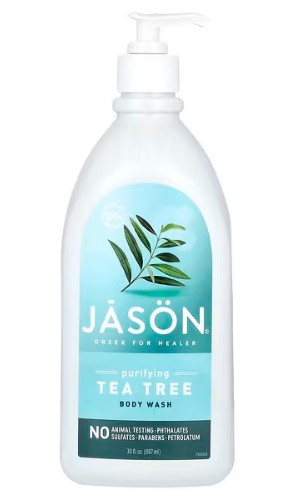 Jason Natural Body Wash Purifying Tea Tree bottle, 887 mL, a naturally antibacterial and purifying body wash in the UAE. Infused with tea tree oil, aloe vera, and Vitamin E, this paraben and sulfate-free body wash deeply cleanses, deodorizes, and soothes sensitive or acne-prone skin, providing a refreshing spa-like aroma.