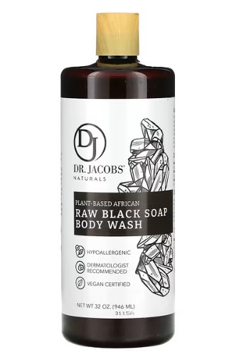 Dr. Jacobs Naturals African Raw Black Soap Body Wash bottle, 946 mL, a natural detoxifying body wash for oily and acne-prone skin in the UAE. With raw African black soap, shea butter, and coconut oil, this vegan, sulfate and paraben free body wash purifies, exfoliates, and moisturizes, doubling as shampoo or shaving lather.