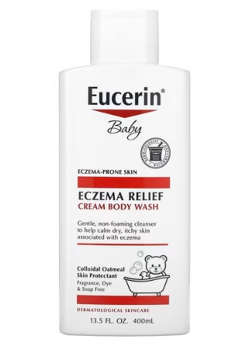 Eucerin Baby Eczema Relief Cream Body Wash bottle, 400 mL, an ultra-gentle, non-foaming body wash for babies with eczema-prone skin in the UAE. This dermatologist-recommended, fragrance-free formula with colloidal oatmeal and ceramides calms itching, restores skin barrier, and protects delicate baby skin from dryness.