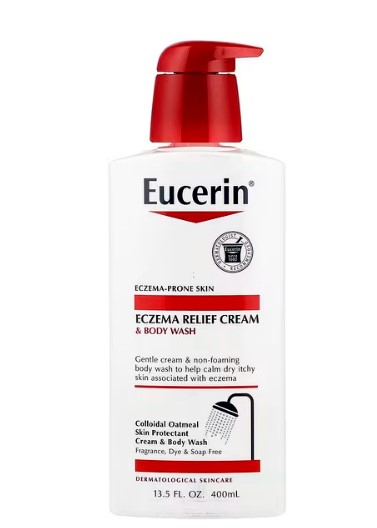 Eucerin Eczema Relief Cream & Body Wash bottle, 400 mL, a dermatologist-recommended, non-foaming body wash for eczema-prone skin in the UAE. Enriched with colloidal oatmeal and ceramides, this gentle formula calms itchiness, strengthens the skin barrier, and provides crucial moisture for highly sensitive skin."

