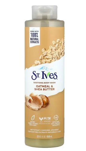 St. Ives Soothing Body Wash Oatmeal & Shea Butter bottle, 650 mL, a budget-friendly moisturizing body wash for dry and sensitive skin in the UAE. Featuring 100% natural oatmeal and shea butter extracts, this paraben-free body wash offers a comforting vanilla-like scent, providing deep hydration and soothing benefits.