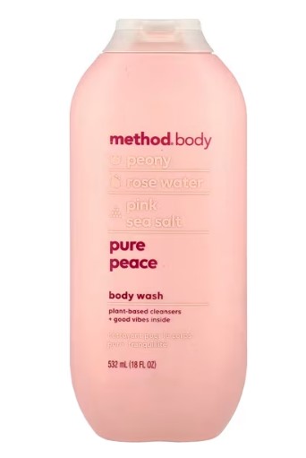 Method Body Wash Pure Peace bottle, 532 mL, a plant-based, best scented body wash for women in the UAE. With notes of peony, rose water, and pink sea salt, this biodegradable, paraben-free body wash gently cleanses, leaves skin lightly fragranced, and offers a mood-lifting, spa-like experience.