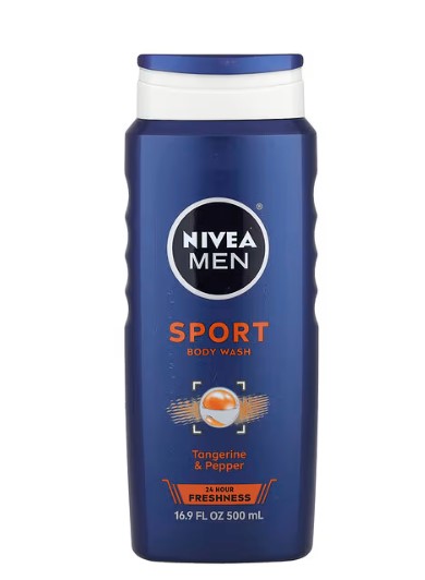 NIVEA Men Sport Body Wash Tangerine & Pepper bottle, 500 mL, a top best body wash for men in the UAE. This microplastic and paraben free body wash offers 24-hour freshness with a bold, citrusy, and spicy scent, providing invigorating and long-lasting odor control for active lifestyles.