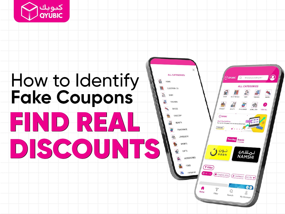 QYUBIC mobile interface showing how to identify fake coupons and find real discounts online.