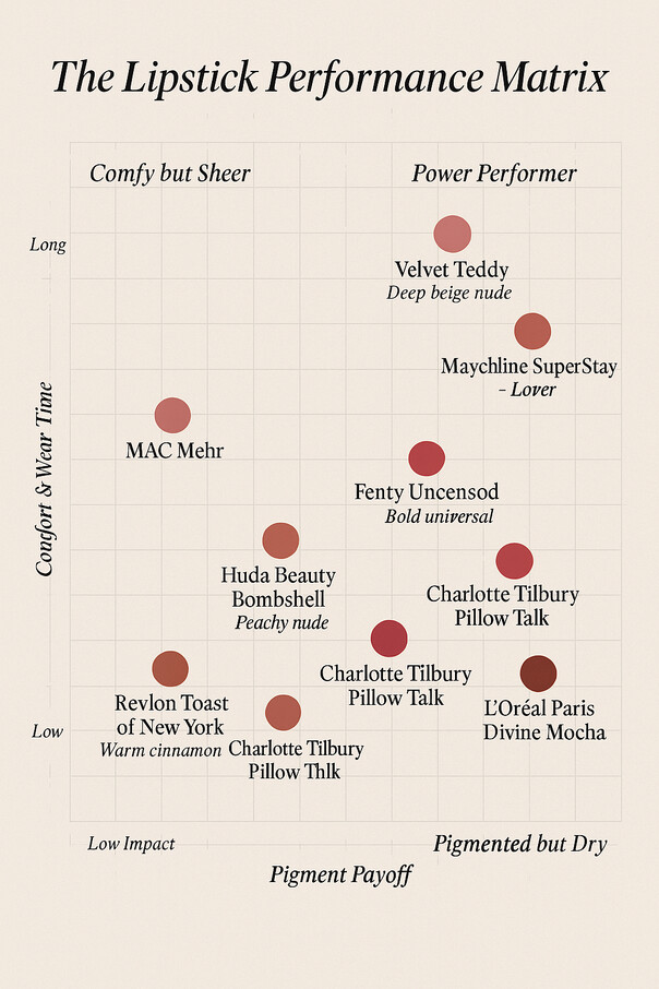 "Graph comparing 12 popular lipstick shades like MAC Mehr and Maybelline SuperStay Lover by comfort and pigment payoff—ideal for those searching best MAC lipstick shades for medium skin or long-wear matte lipstick shades.