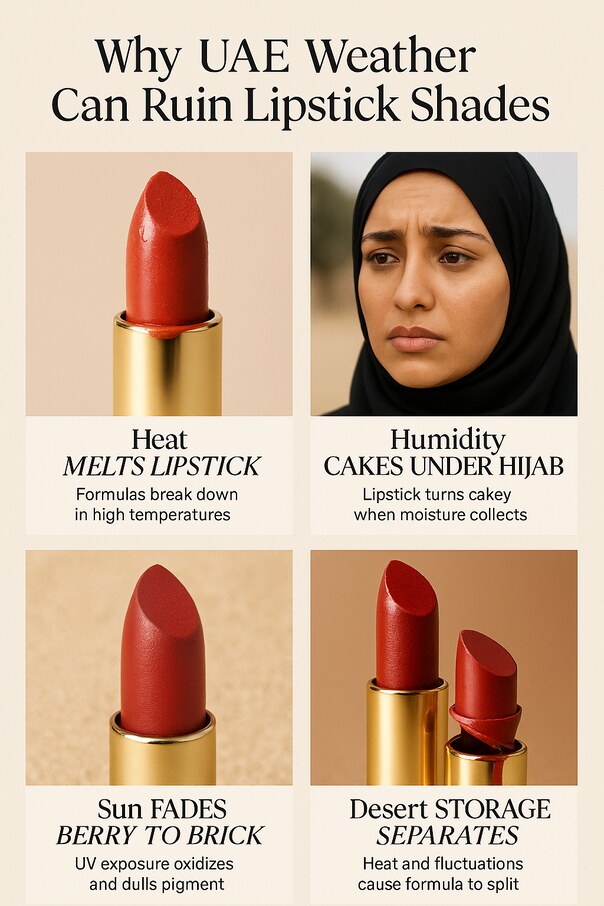 Infographic showing lipstick melting, caking, fading, and splitting under UAE heat and humidity. Helps readers understand why long-lasting, smudge-proof lipstick is a must in hot climates—relevant for lipstick shades for tan skin or morena tones.