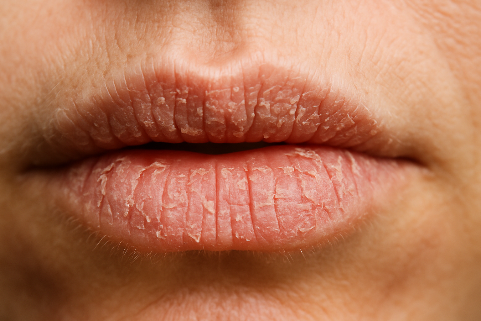 Close-up of severely dry and cracked lips with peeling skin on a fair complexion.