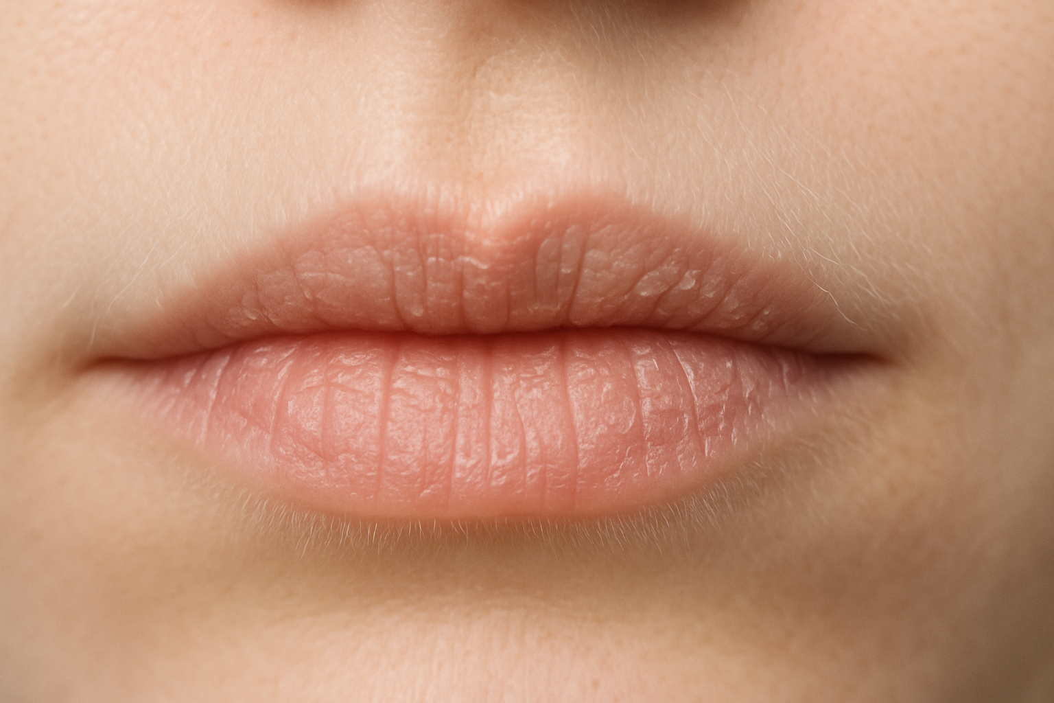 Close-up of slightly dry, thin lips on a person with fair skin tone.