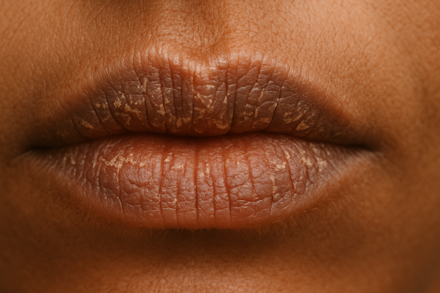  Close-up view of dry, dark pigmented lips with visible peeling and texture.