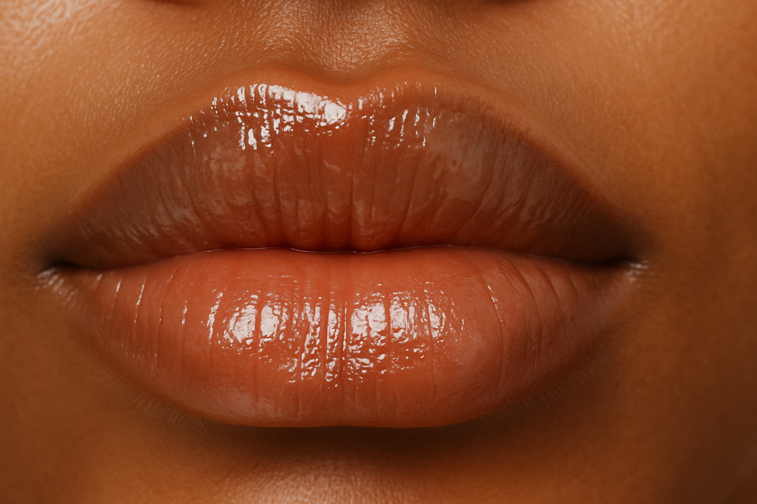 High-resolution close-up of full, glossy lips with a natural oily shine on medium brown skin.
