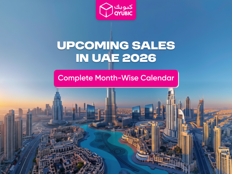 QYUBIC Upcoming Sales in UAE 2026 - Complete Month-Wise Calendar. A panoramic view of Dubai's skyline with Burj Khalifa in the background, showcasing the city's landmarks and retail environment."
