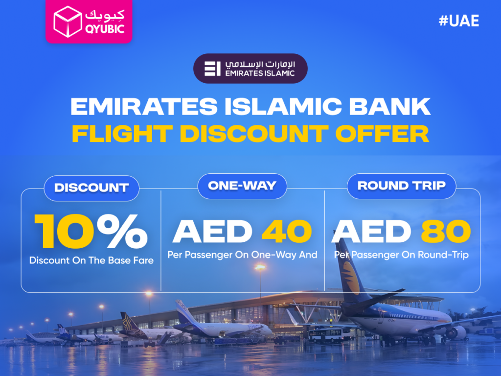 Emirates Islamic Bank flight discount offer, offering a 10% discount on the base fare, AED 40 discount per passenger on one-way flights, and AED 80 for round-trip tickets.