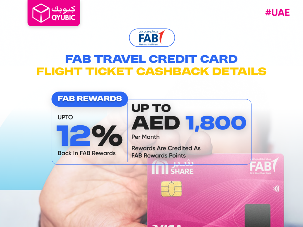 FAB Travel Credit Card flight ticket cashback details, offering up to 12% cashback and the potential to earn up to AED 1,800 per month on flight bookings through FAB rewards.