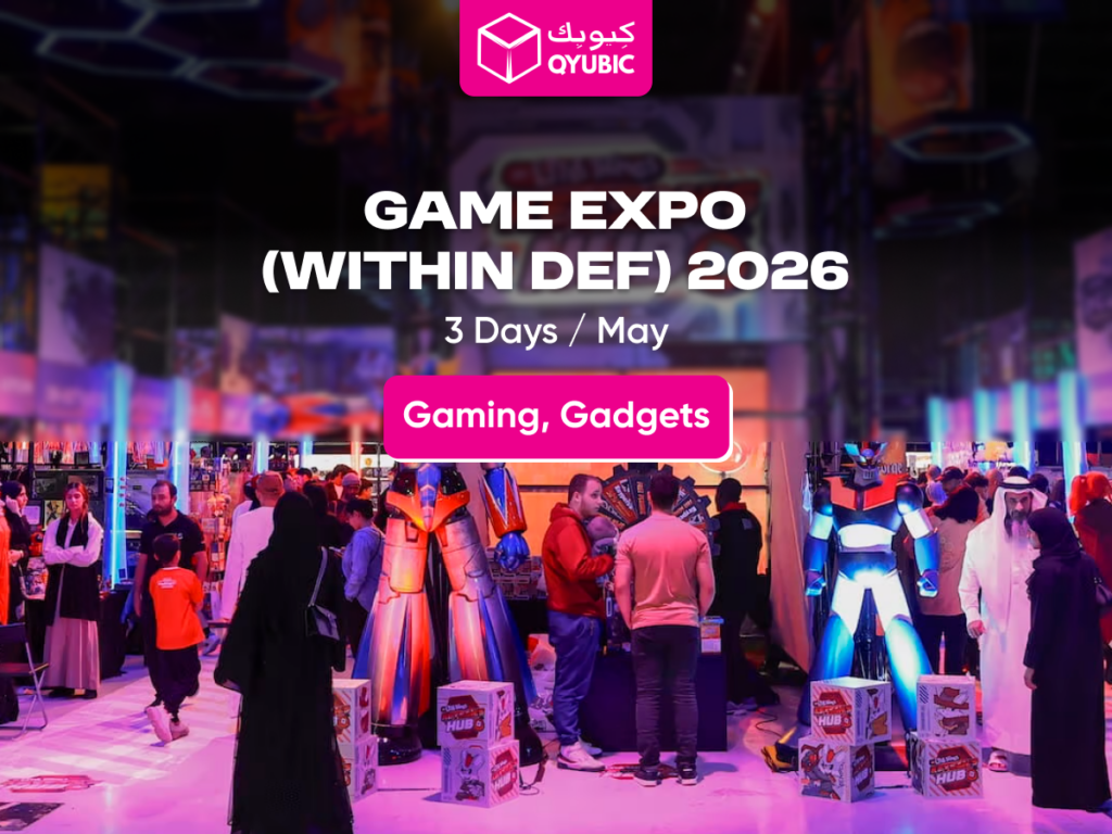 QYUBIC Game Expo 2026 (Within Dubai Esports & Games Festival), May - Gaming and Gadgets deals. Image of visitors enjoying gaming experiences with robots and interactive displays at the even