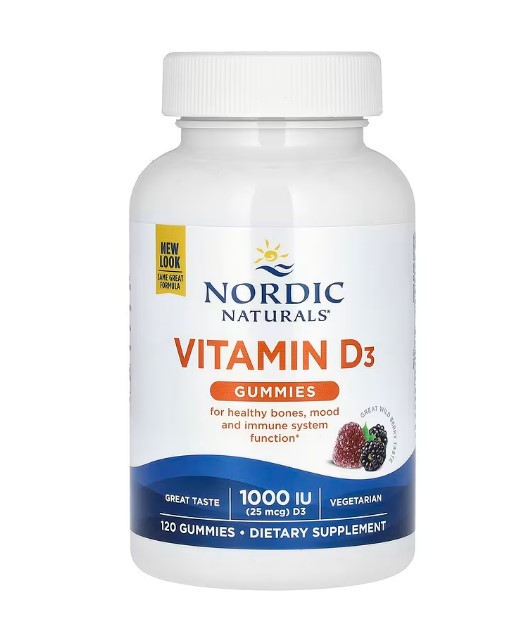A bottle of Nordic Naturals Vitamin D3 Gummies, featuring a "Great Wild Berry" flavor. The image suggests a high-potency (1,000 IU) Vitamin D3 supplement in a chewable format.