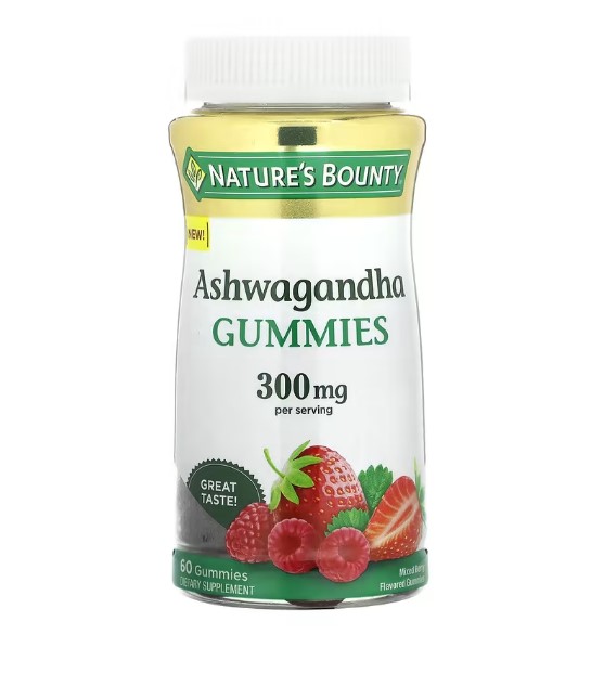 A bottle of Nature's Bounty Ashwagandha Gummies, with "Mixed Berry" flavor visible. The image indicates a stress support gummy containing 150 mg of Ashwagandha.