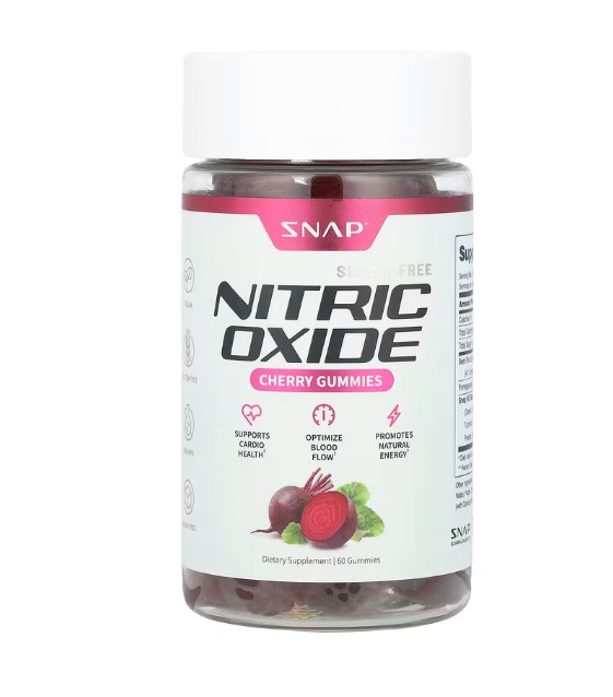 A bottle of Snap Supplements Nitric Oxide Gummies, featuring a "Cherry" flavor and "Sugar-Free" label. The image suggests a performance-enhancing gummy for blood flow and endurance.