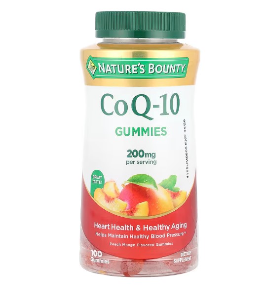 A bottle of Nature's Bounty CoQ-10 Gummies, with "Peach Mango" flavor. The image indicates a CoQ-10 supplement for athletes to support energy production and heart health.