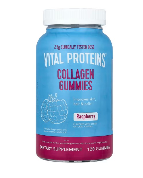 A bottle of Vital Proteins Collagen Gummies, with a "Raspberry" flavor indication. The image implies a beauty-focused collagen supplement for skin, hair, and nails.