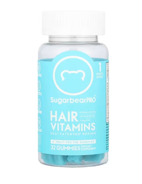 A bottle of SugarbearPro Hair Vitamins Gummies, likely with the brand's iconic blue packaging. The image highlights a vegan, halal-certified gummy specifically for hair health with biotin.