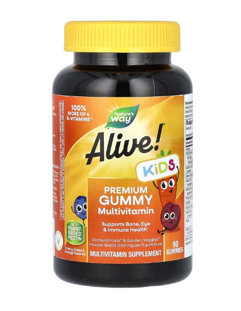 A bottle of Nature's Way Alive! Kids Premium Gummy Multivitamin with colorful cherry, grape, and orange flavored gummies. The label highlights "Kids Premium Gummy Multivitamin" and features fruits and vegetables.