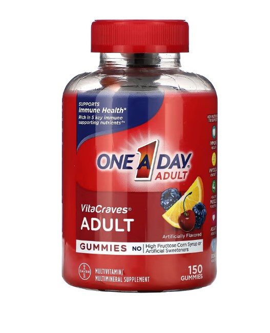 A bottle of One A Day VitaCraves Adult Multivitamin Gummies, suggesting a large quantity (150 gummies) and highlighting adult multivitamin benefits for energy and immunity.