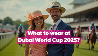 A stylish couple dressed for the Dubai World Cup 2025, showcasing elegant fashion choices for the prestigious event.