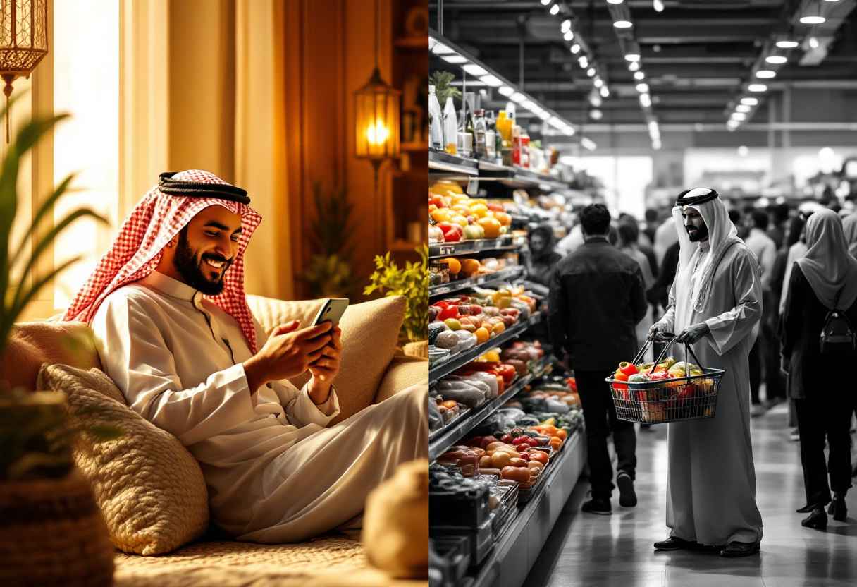 Split image of a man shopping conveniently online on his smartphone, contrasted with another man waiting in a long checkout line at a store, highlighting the benefits of online grocery stores in Dubai.