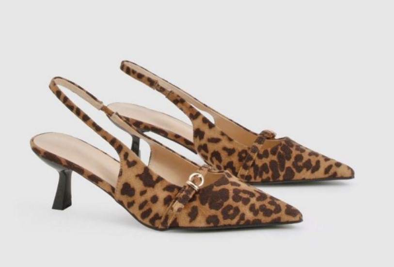 Leopard-print slingback kitten heels from Boohoo featuring a gold buckle detail, blending bold style with day-long comfort.
