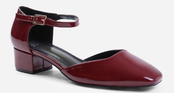 An image of a low block heel in red colour for flat feet.