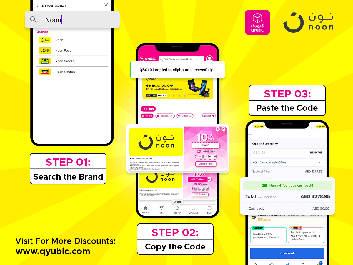 A step-by-step guide illustration showing the Qyubic app, how to apply a coupon code on the Noon website, featuring a user navigating from a coupon site to Noon, adding items to a cart, and applying a coupon code at checkout.